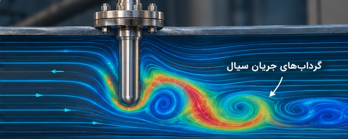 نمایش الگوی گردابه‌های سیال در اطراف ترموول صنعتی